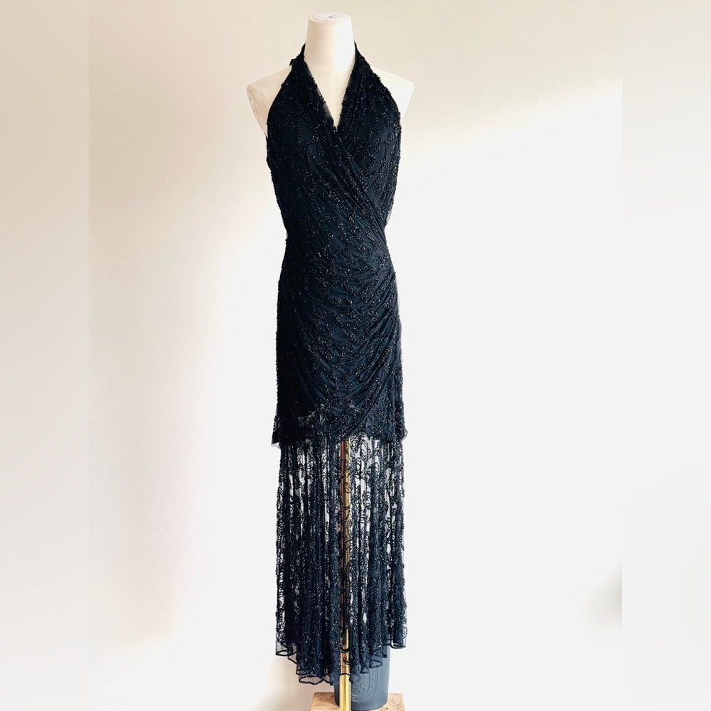 Carmen Marc Valvo Black & sheer Sleeveless V-Neck beaded Dress with halter sz 4